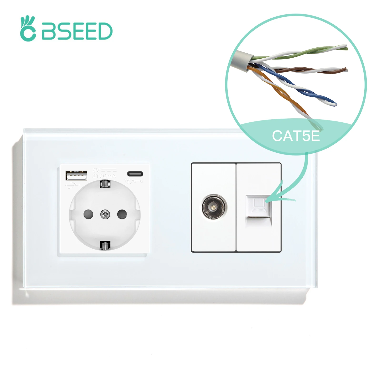 Bseed 유럽 표준 이중 벽 소켓, TV 컴퓨터 플러그 소켓, 크리스탈 유리 패널 포함 트리플 USB C타입 충전 포트