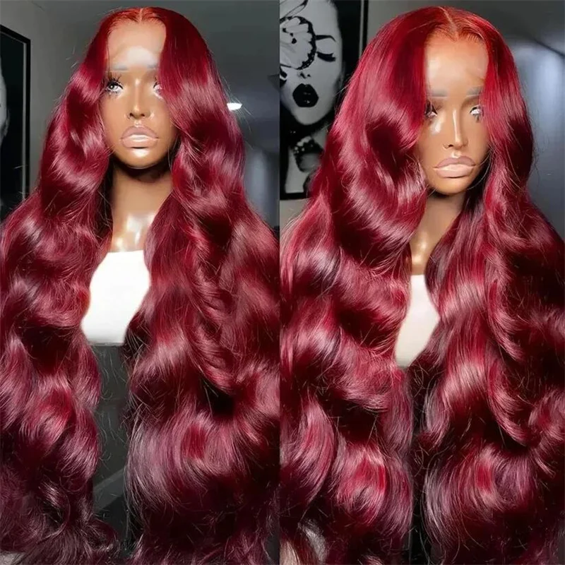 

Long 26Inch 180Density Body Wave Wine Red 99j Glueless Lace Front Wig For Women With Baby Hair Synthetic Preplucked Daily Soft