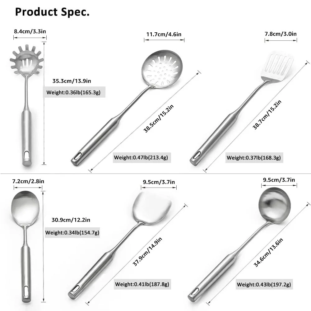 Stainless Steel Cooking Tools, Kitchen Serving Utensils with Heat-resistant Handle-Turner Soup Spoon Strainer Pasta Server