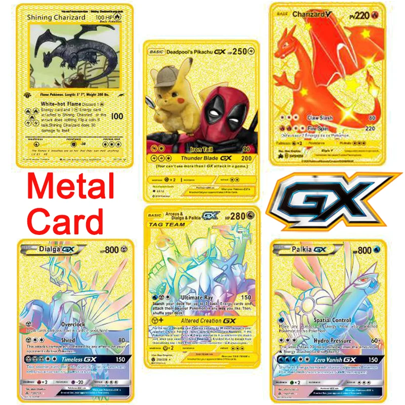 

Pokemon Anime Pikachu Charizard Arceus Shining Rainbow Gold Metal Collection Cards Movie Gx Trainer Battle Original Cards Toys
