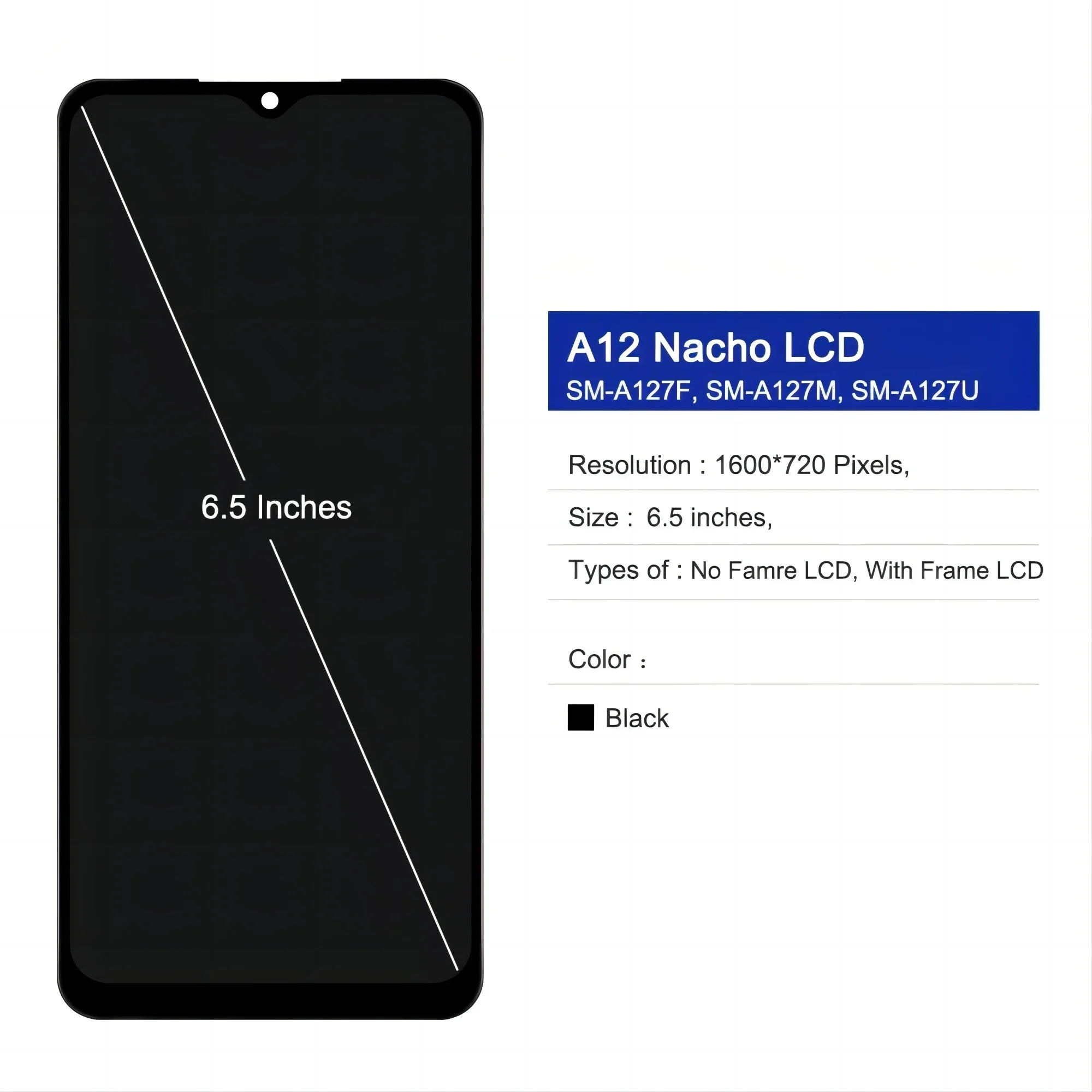 LCD 디스플레이 터치 스크린 디지타이저 어셈블리, 삼성 A12 나초 LCD A127F A127M A127U 용 하이 퀄리티, 삼성 A127 LCD, 6.5 인치