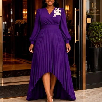 Elegante Abito Lungo da Donna con Pieghe a Trapezio, Scollo a V, Maniche a Lanterna, Applicazioni Floreali, Orlo Irregolare, per Cerimonie, Matrimoni, Cene ed Eventi Speciali