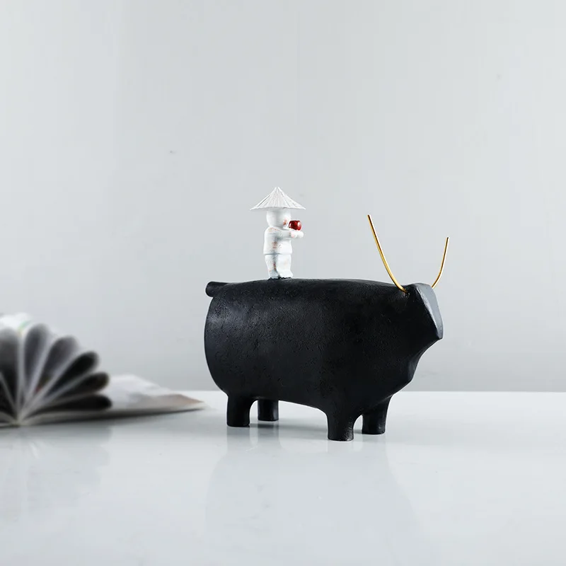 

New Chinese Creative Herdsman Riding Cow Resin Decoration Living Room Tea Table Children's Fun Decoration Indoor Soft