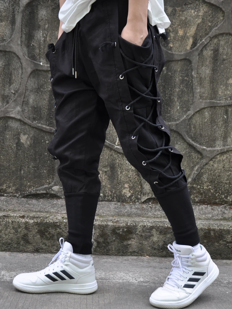 

Темная шнуровка Techwear небольшие ноги шаровары мужские Персонализированные лодыжки повседневные брюки женские брюки