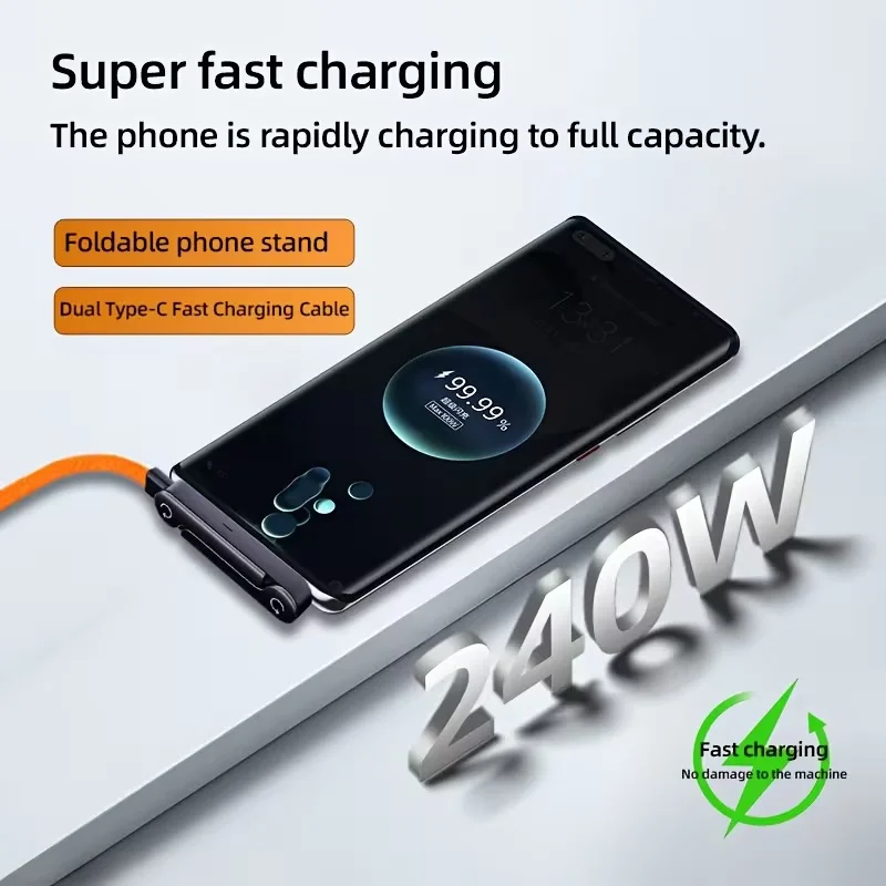Premium Right Angle USB-C to Type-C 240W High-Speed Charging Cable with Integrated Phone Stand