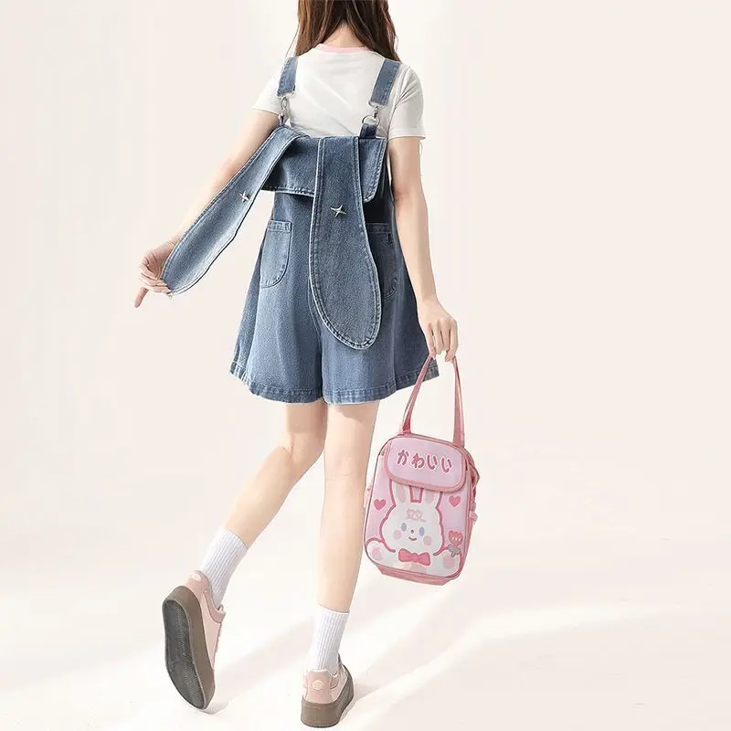 Blue bunny ear denim overalls shorts (single piece)