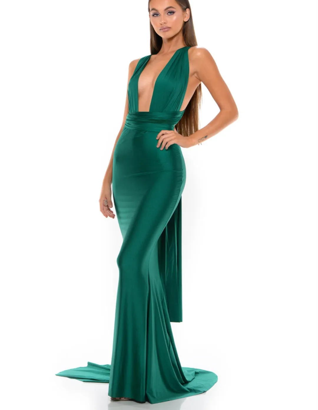 

Sexy Long V-Neck Green Evening Dresses Mermaid Spandex فساتين سهرة Sweep Train Backless Robe de soirée Party Prom Gown