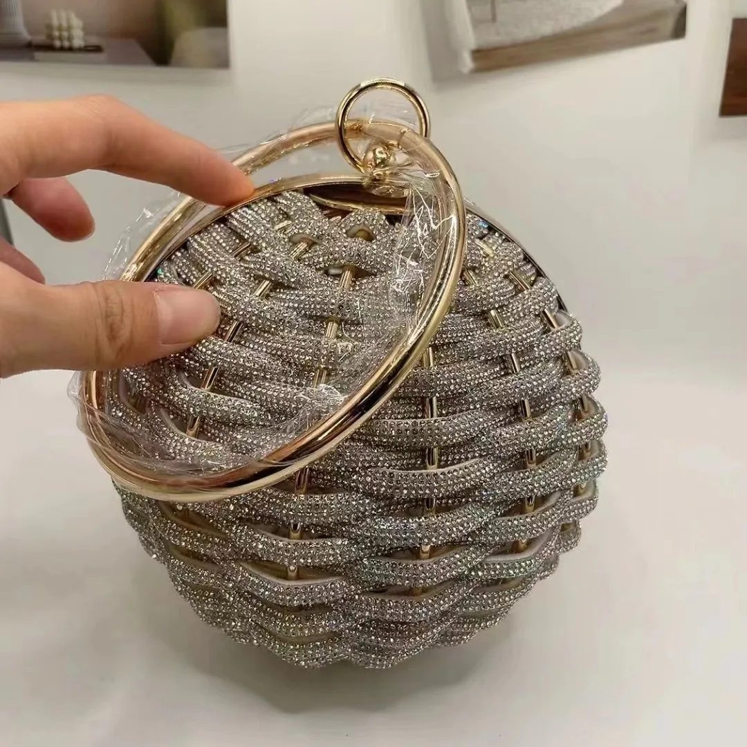 

Handcrafted Knitting Women's Round Ball Glitter Clutch Top Circular Handle Woven Ball Evening Bag Wedding Party Purse Minaudiere
