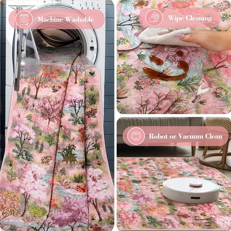 Pink Forest Style Living Room Carpet Large Area Tree Print Bedroom Rug Machine Washable Foldable Coffee Table Floor Mat Alfombra