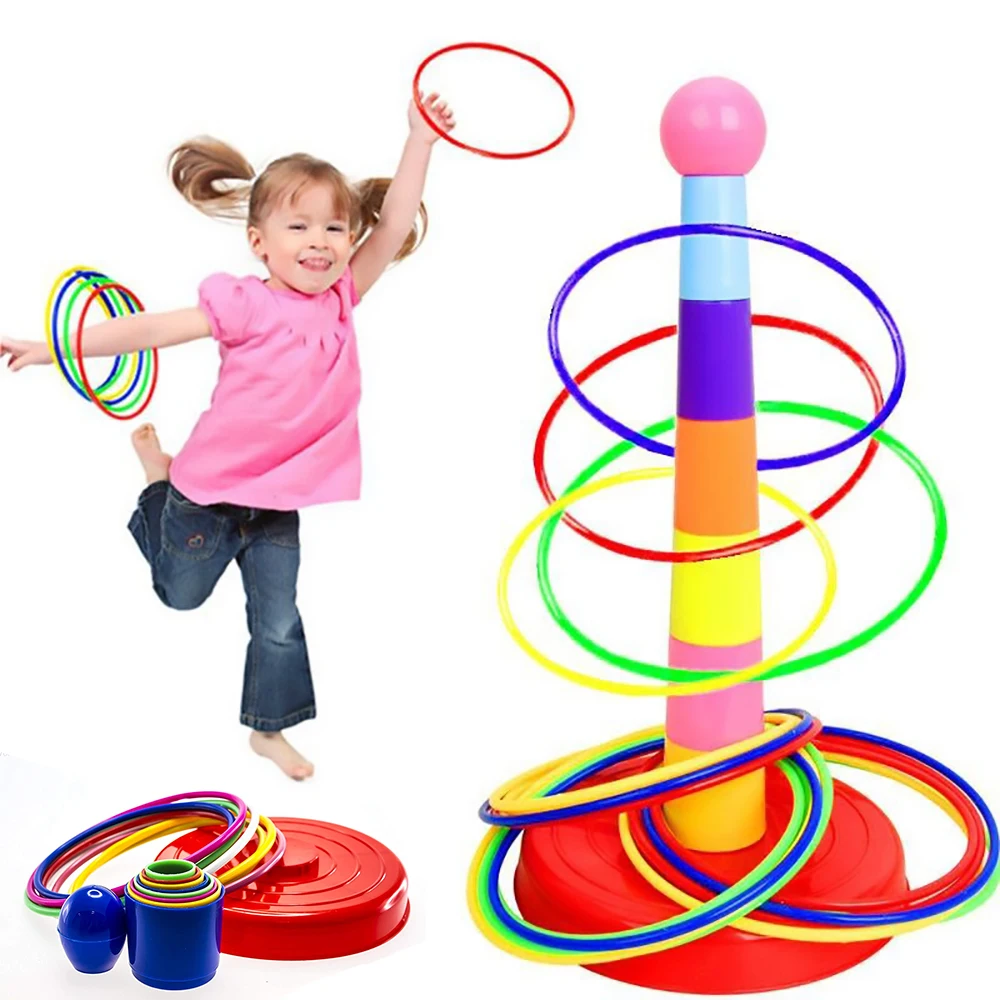 

Children Ring Toss Game Set Rainbow Ferrule Stacked Toys Indoor Outdoor Parent Kids Interactive Games Throwing Hoop Toy Gifts
