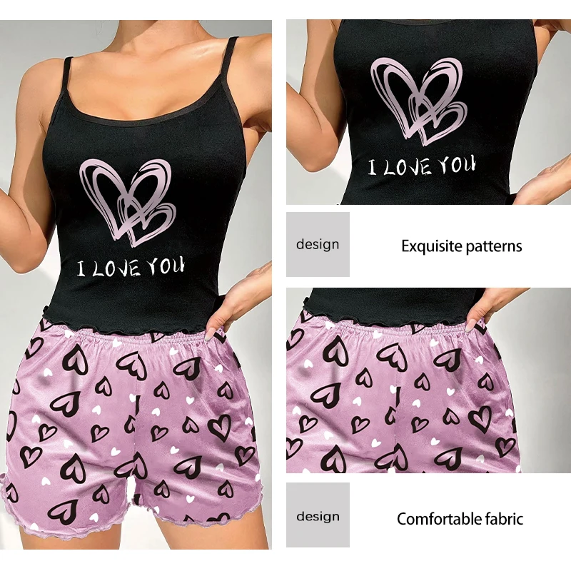 Women's Milk Silk Pajamas Set Summer Sleeveless Heart Print Shorts Sleepwear Sexy Comfortable Loungewear Two Piece