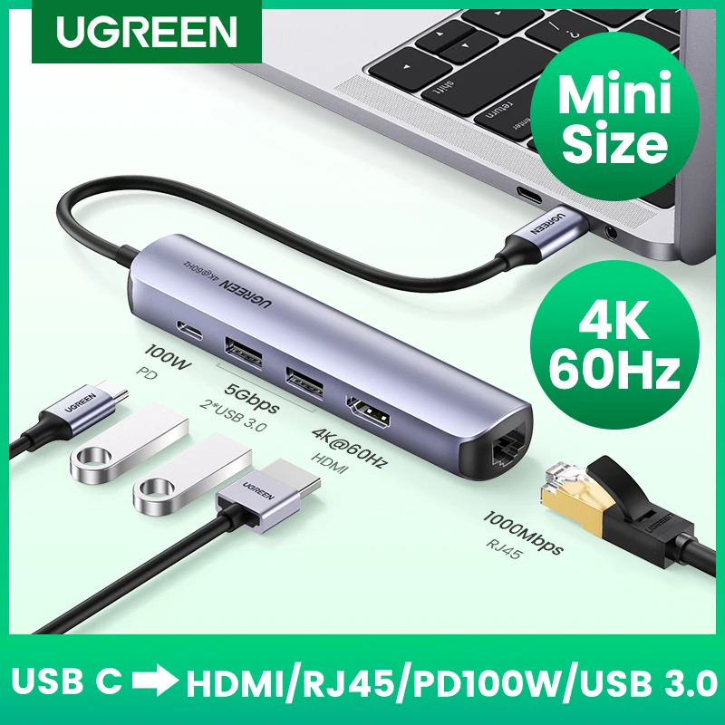 

UGREEN USB C Hub 4K 60Hz Mini USB Type C 3.1 to HDMI RJ45 PD USB 3.0 OTG Adapter USB C Dock for MacBook Air Pro 2020 PC USB HUB