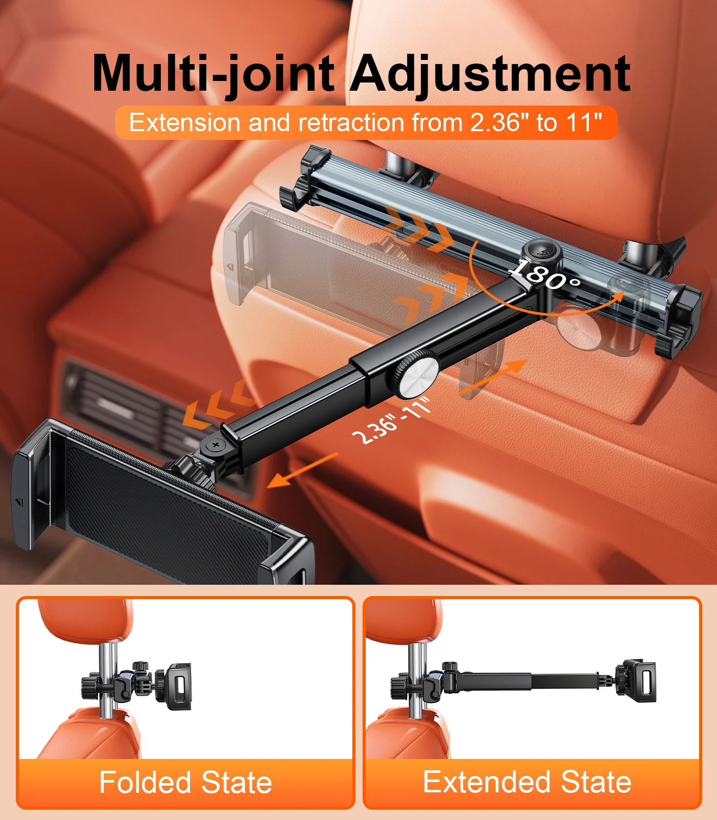 Tablet Holder For Car Headrest, IPad Holder Car Backseat Mount Adjustable [3 In 1 Extension Arm] 360° Rotating Long Road Trip Essentials, For IPad