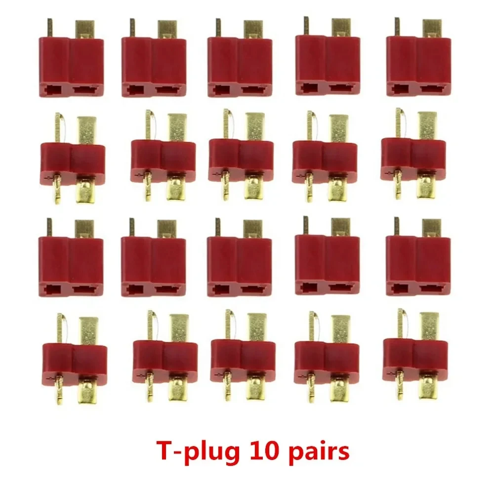 Connecteurs T Plug pour batterie RC mâles et femelles en gros plan, montrant les contacts dorés