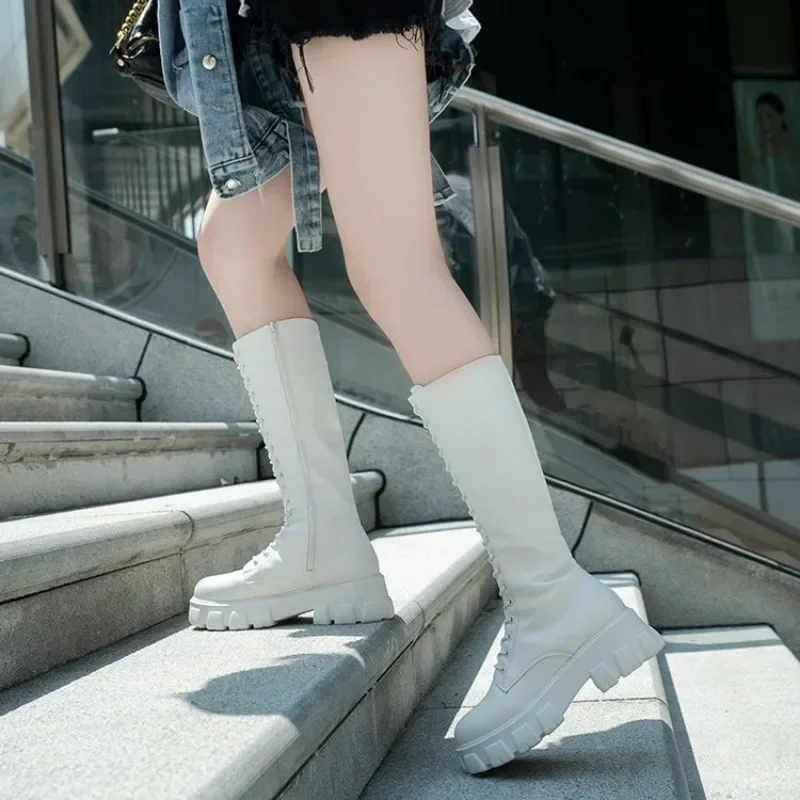 Women's Mid Calf Boots Padded Shoes Knee High Winter Sneakers Punk Style Military Casual White Black 2024 Lucury Platform Woman
