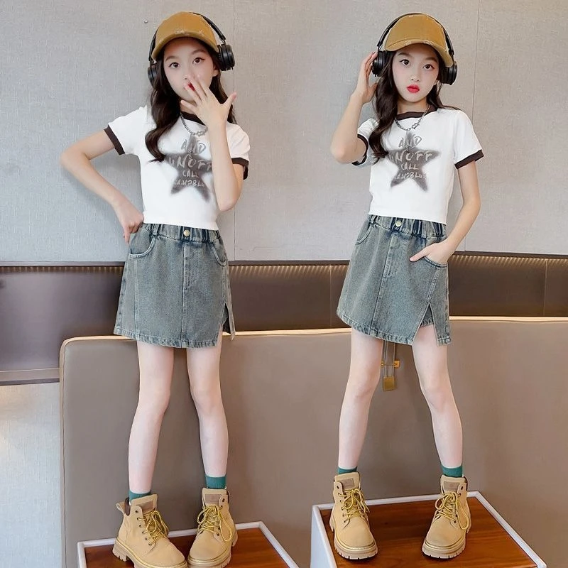 여아 데님 스커트 반바지 큰 아이 여름 핫팬츠 한국 스타일 세련된 얇은 통기성 청반바지 5-12세 여아용