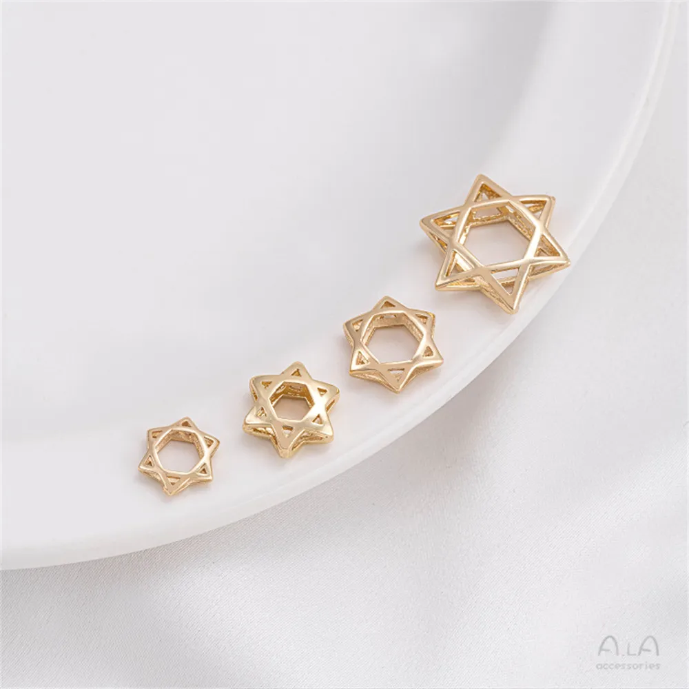 14K 골드 컬러 도금 황동 중공 6 지적 스타 비드 반지 수제 구슬 분리 반지 DIY 체인 쥬얼리 액세서리