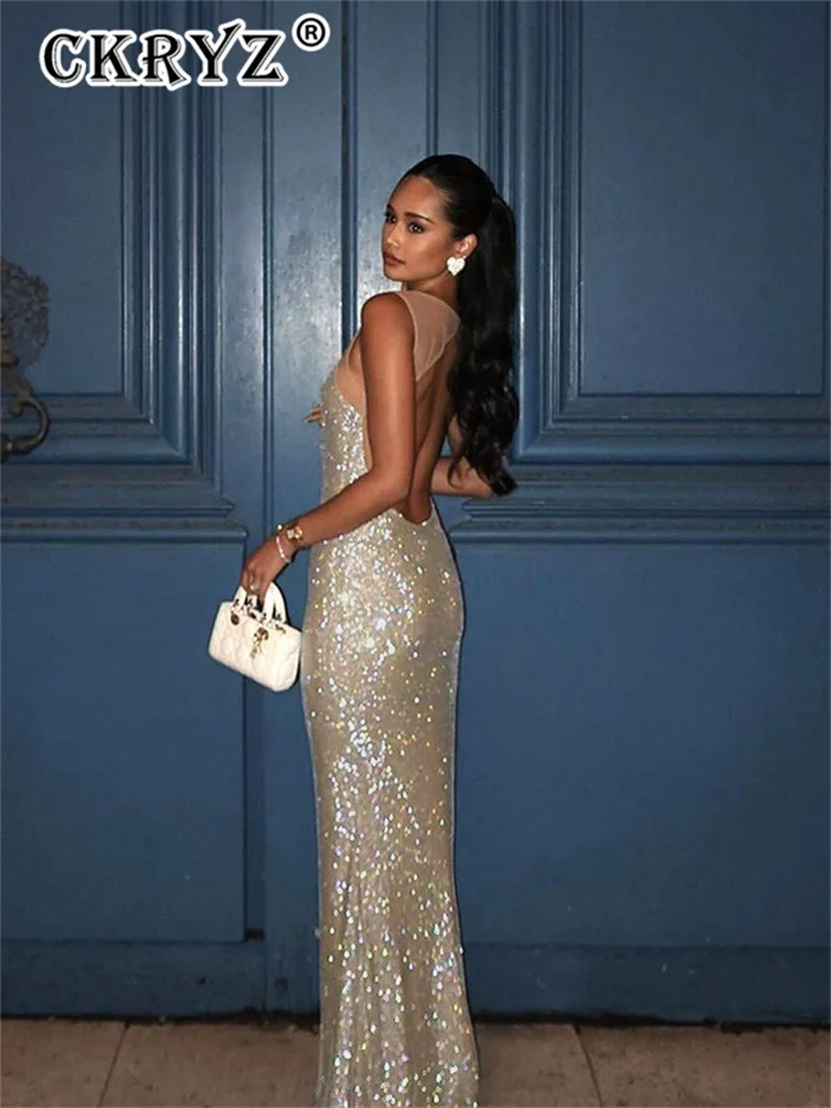 Ladies Autumn Bling Glitter Sequins New Fashion Evening Party Dress Women Sleeveless Backless Maxi Dresses Clubwear Fall Outfits - Image 5