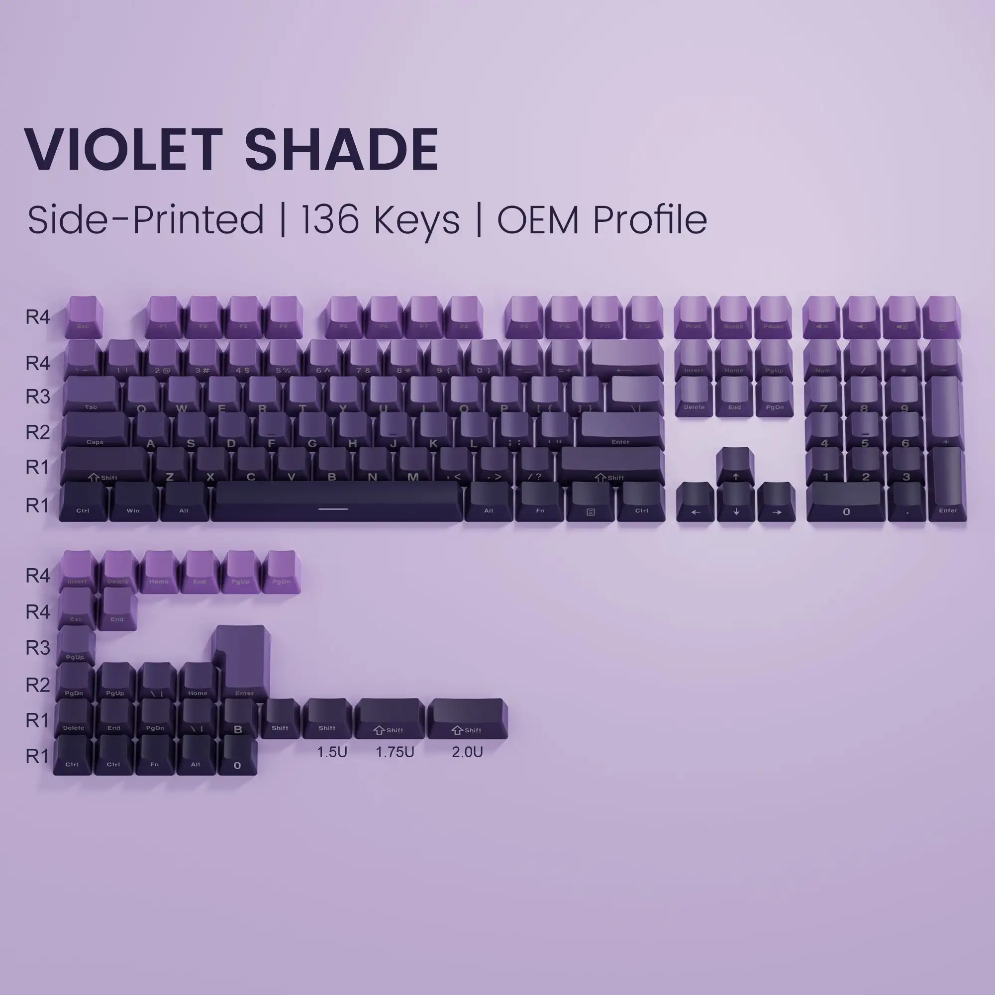 

WOMIER Side Printed Keycap Gradient Puple 136 Keys Double Shot PBT Key Cap for Cherry Gateron MX Switches Mechanical Keyboard