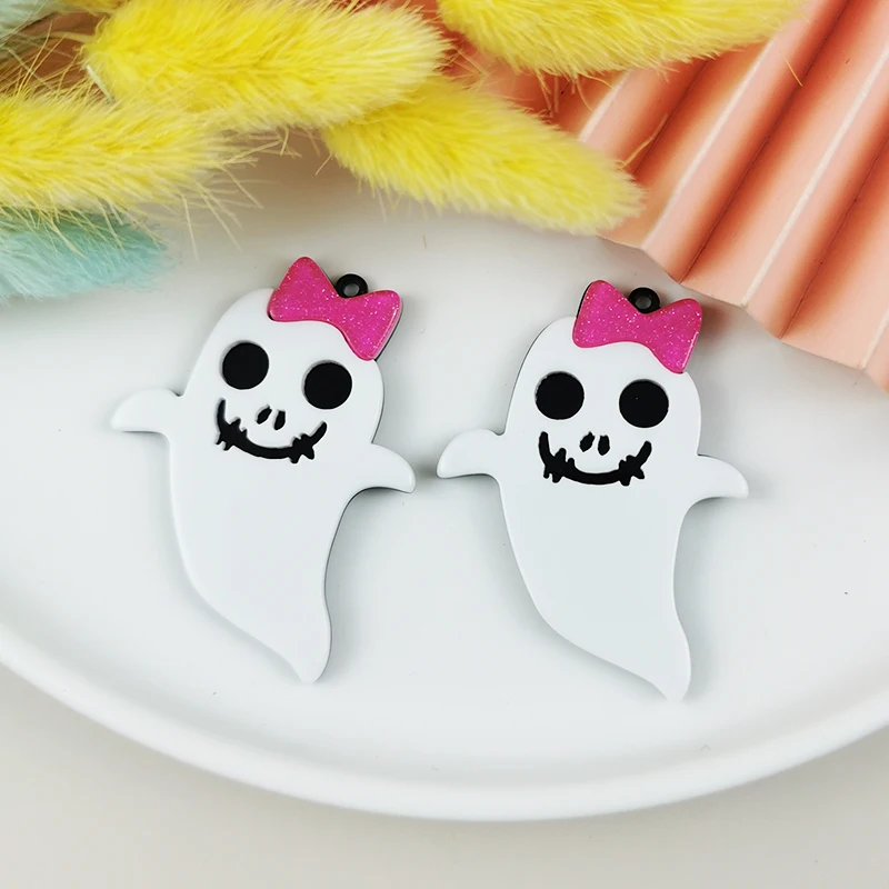 

ApeUr 10pcs/pack Halloween Lovely Pink Bow Ghost Evil Acrylic Charms Pendant for Earring Necklace Jewelry Making Craft