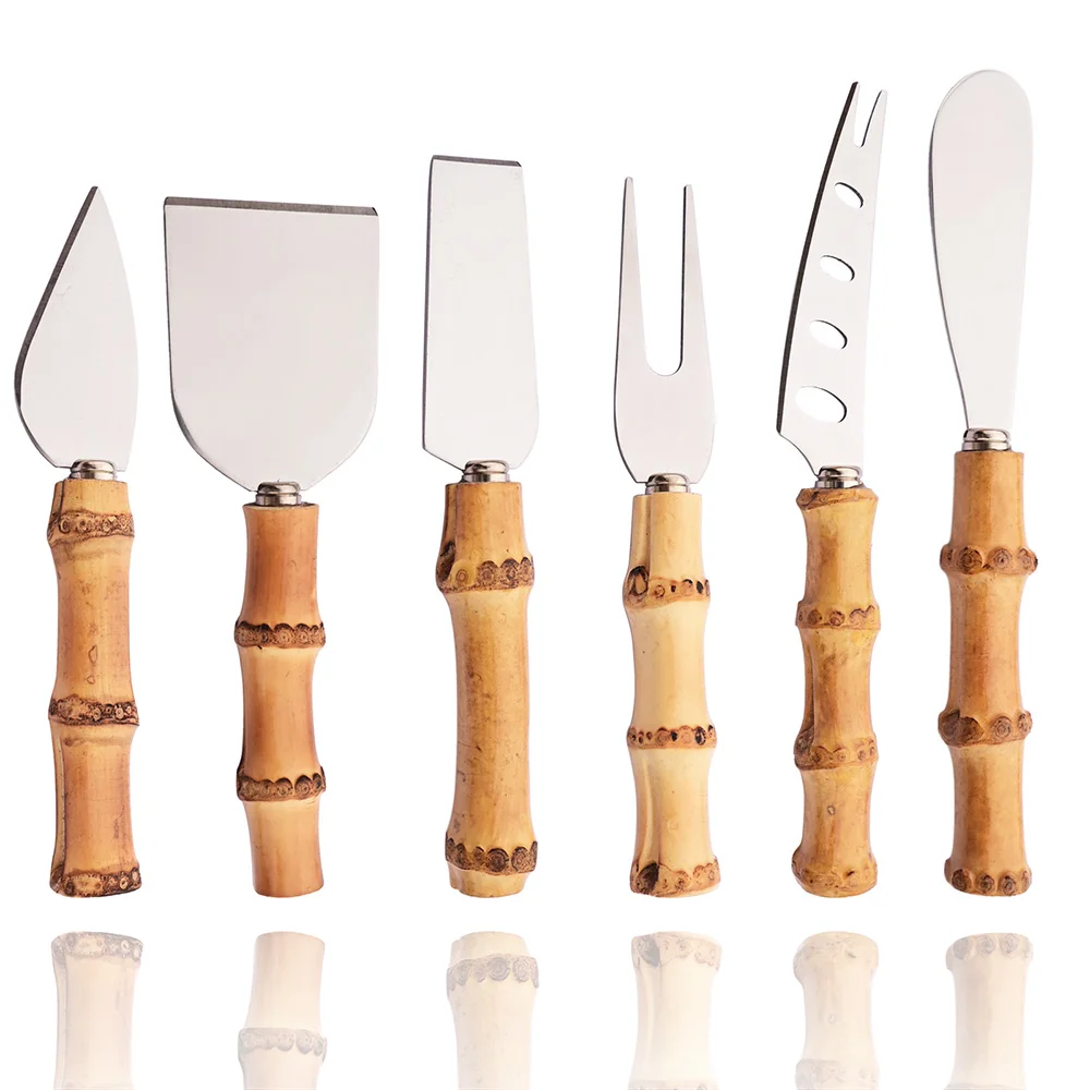 6Pcs Dinnerware Set Silver Natural Bamboo Handle Cheese Knife Stainless Steel Cutter Set Kitchen Accessories cheese knife