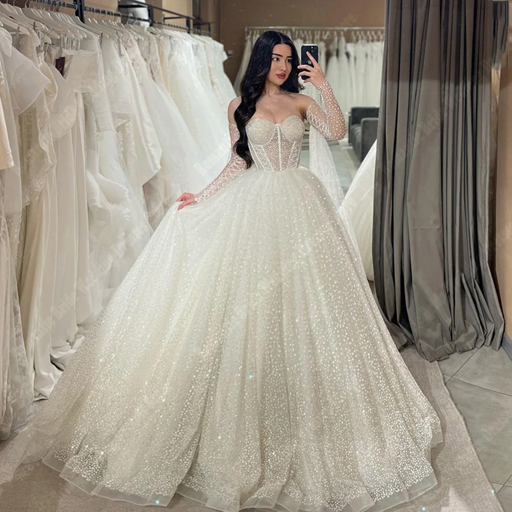 Luxury Bright Women Wedding Dresses Off The Shoulder A-Line Bride Gowns Mopping Length Princess Ball Vestido De Novia Customized 4