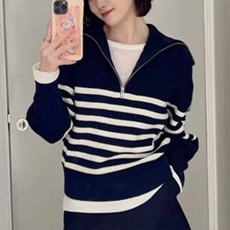 Autumn and Winter New Lapel Zipper Semi-open Placket Women's Long-sleeved Sweater Fashion Loose Casual Striped Knitwear Top