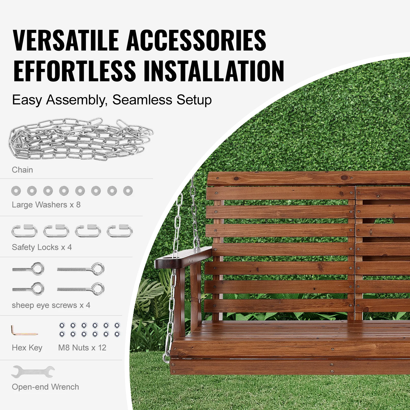 VEVOR Outdoor Porch Swing 5ft  Wooden Patio Bench Swing Garden Heavy Duty Swing Chair with Hanging Chains Upgraded 880lbs Load 5