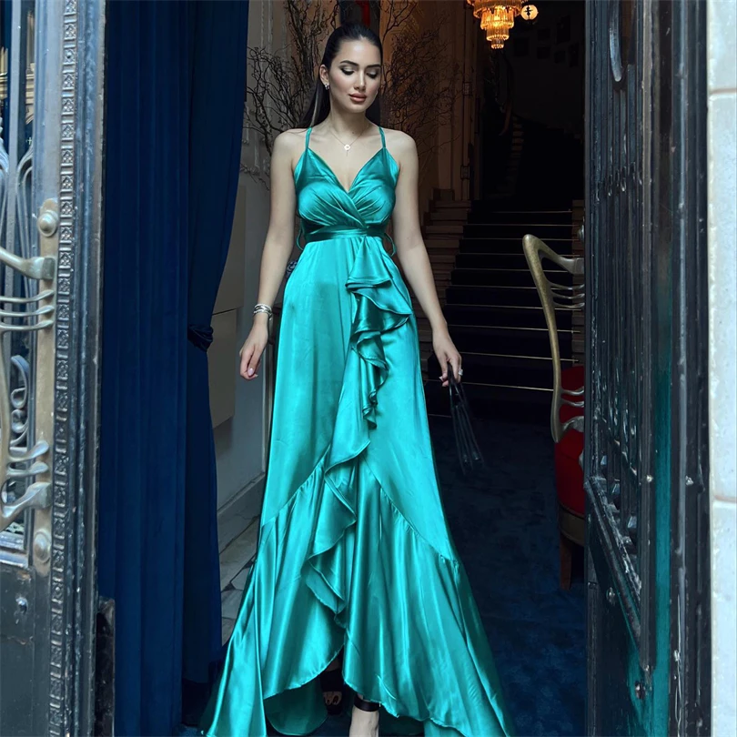 

Nersesyan Vintage Green Satin A Line Prom Gowns V Neck Spaghetti Strap Ruched Evening Dresses Backless Sexy Formal Party Dress