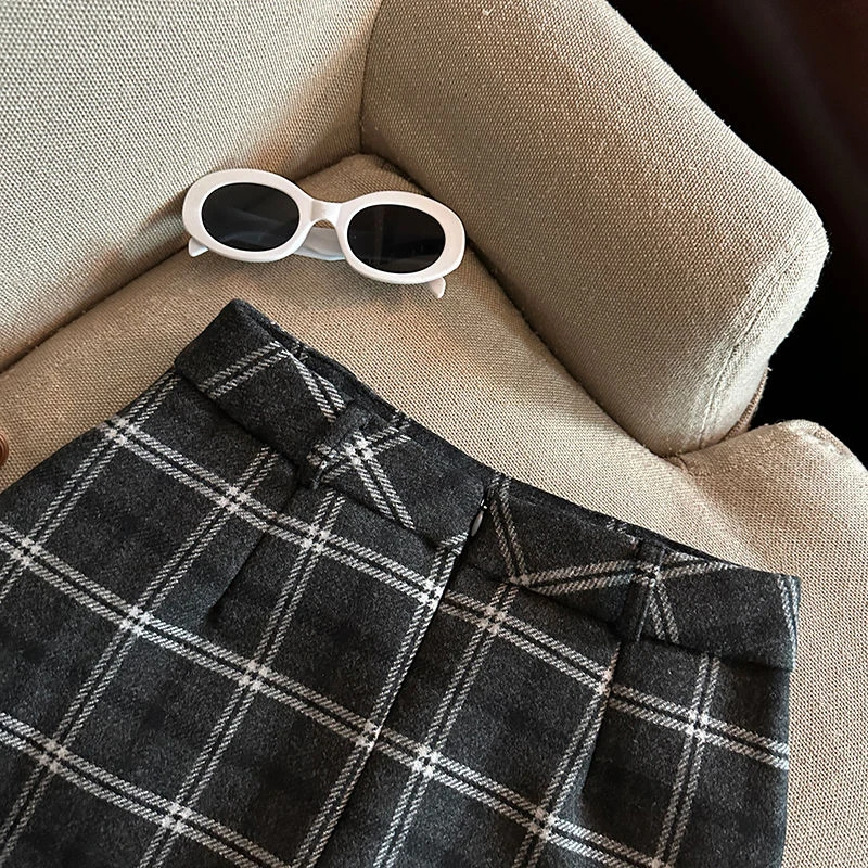 Lace Patchwork Plaid Mini Skirts Women Fall Winter High Waist No Belt Faux Wool Skirts Y2K Fashion Preppy All Match A Line Skirt