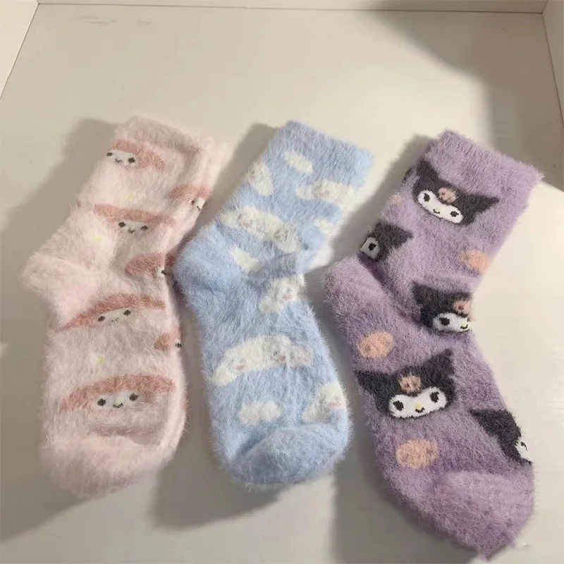 

Sanrio Kawaii Kuromi Cinnamoroll Mink Socks Women Autumn Winter Cute Cartoon My Melody Padded Socks Anti-Cold Children Gifts Toy