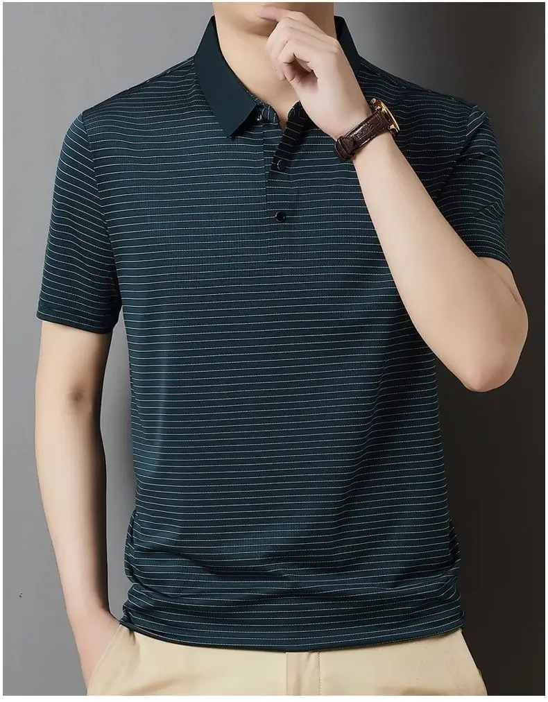 Dad's Top Summer Ice Silk Men's Thin Versatile Breathable Striped POLO Shirt Dad's Casual Short-sleeved Top 13 S103352ca905147a7a00fab38eb9ba7edN