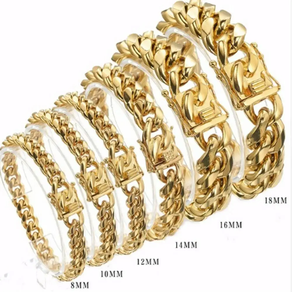 8/10/12/14/16/18mm Gold Color/Rose Gond Stainless Steel Curb Cuban Link Chain Bracelet Bangle Jewelry 7-11inch for Men Women - Image 4