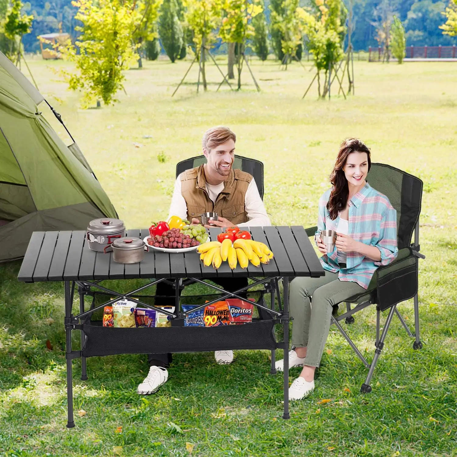 

Folding Camping Table Black With Mesh Storage Bag Table Lightweight 37.4 x 21.65 x 19.69 Inches