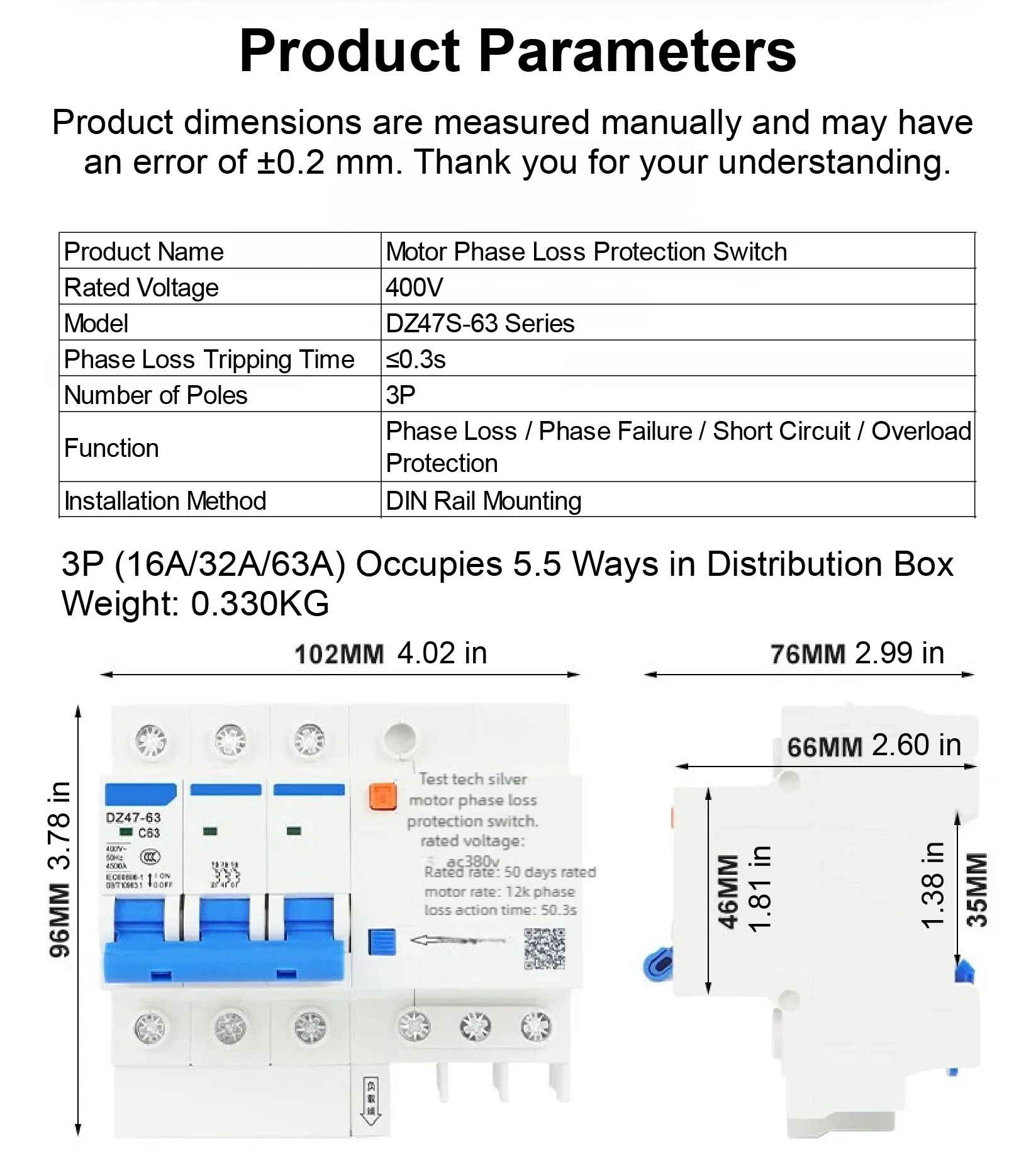 DZ47S-63 Three Phase Motor Protection Breaker Phase Loss Protection Switch 3P AC
