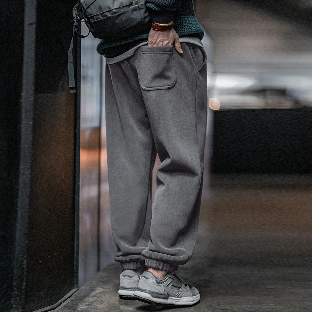 Maden Men's Casual Polar Fleece Cuffed Sweatpants Solid Color Elastic Waist Fleece-lined Pants Warm Sports Straight-leg Trousers 3