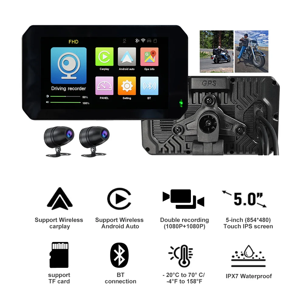 Hot sale motorcycle gps navigator 5 inch waterproof motorcycle dash cam external touch screen CarPlay