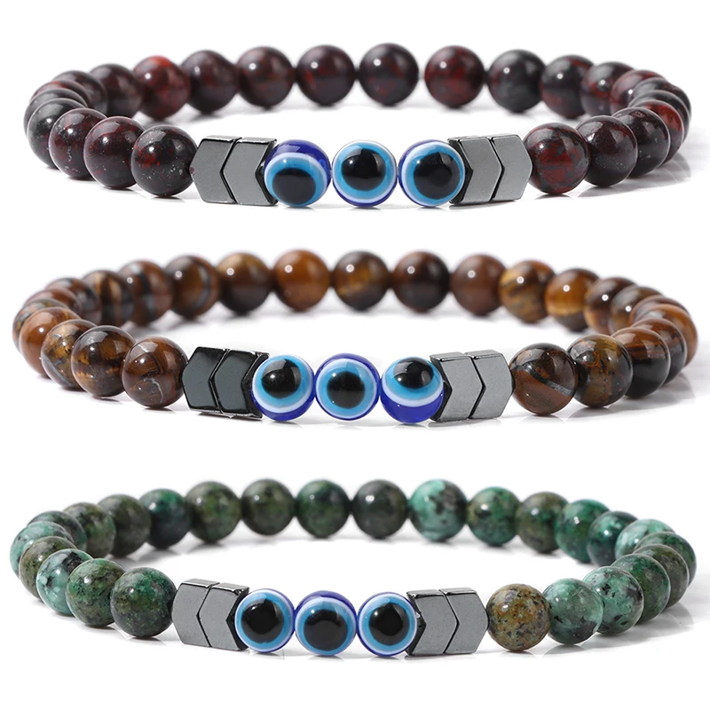6mm Naturstein Armband Schwarz Hämatit Perlen Evil Eye Charm Armbänder für Frauen Männer Glück Gebet Schmuck Geschenk Großhandel