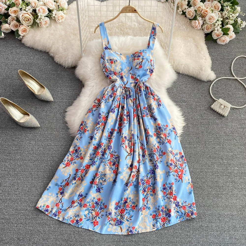 

Summer New Suspender Dress Fashion Waist Slimming Sleeveless A-word Large Swing Floral Dress Female