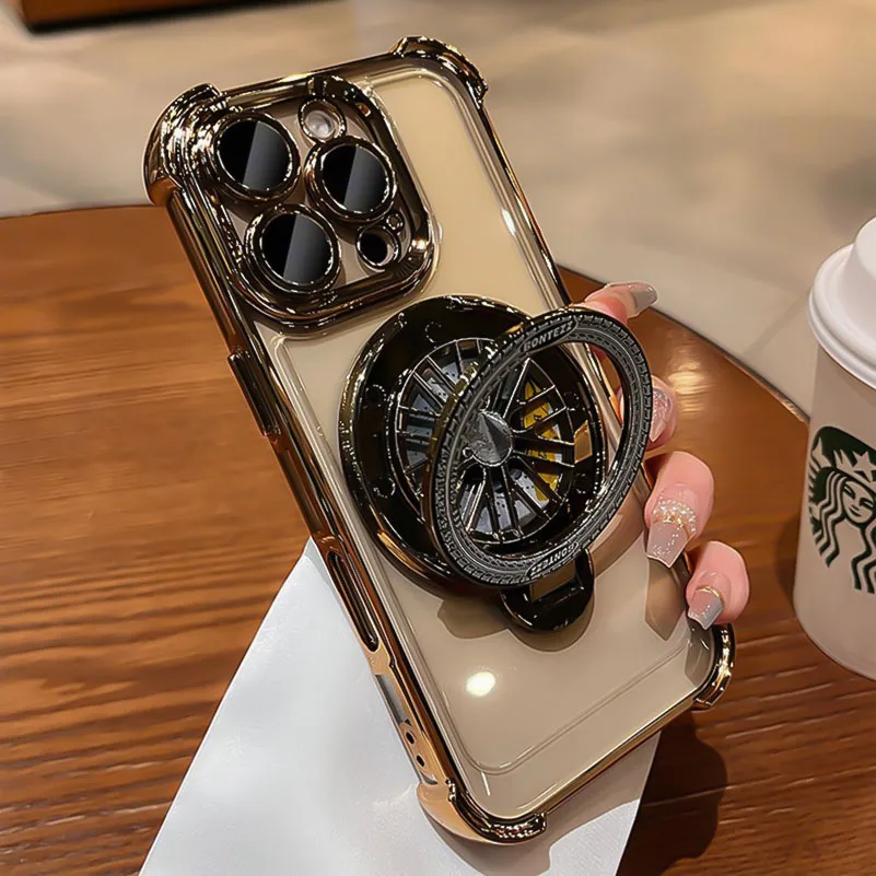 Luxury Plating Rotating Gyro Bracket Case For iPhone 17 Pro Max Air 12 13 14 15 16 Pro For Magsafe Airbag Shockproof Phone Cover view 3