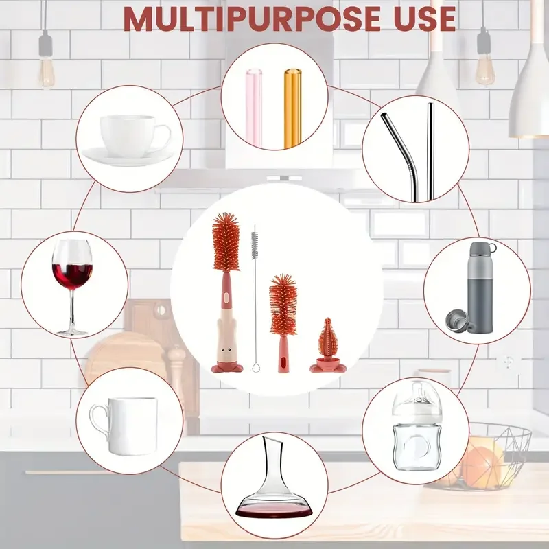 Bottle Brush Tea Cup Multifunctional Standing Brush Food Grade Silicone Nipple Brush Set Cup Brush Three-in-one Straw Brush Spon Baby & Maternity