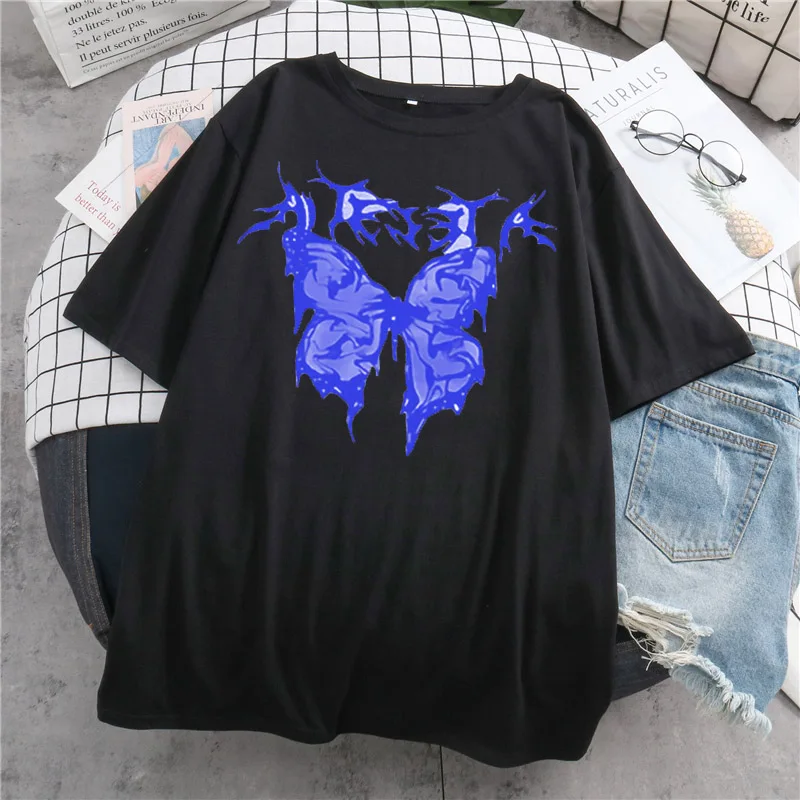 Women T Shirt Cute Butterfly Print Harajuku Gothic Y2K Black Vintage Short Sleeve Oversized T-shirt Kawaii Casual Aesthetic Tops cute summer crop tops