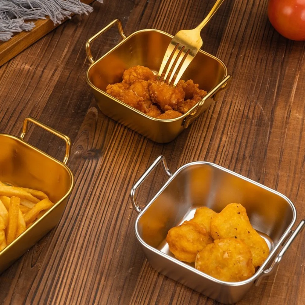 Stainless Steel Plates Snack Dish Basket With Handle Korean Stainless Steel Plate Durable Square Snack Plate Silver and Gold Fried Food Trays Food Storage