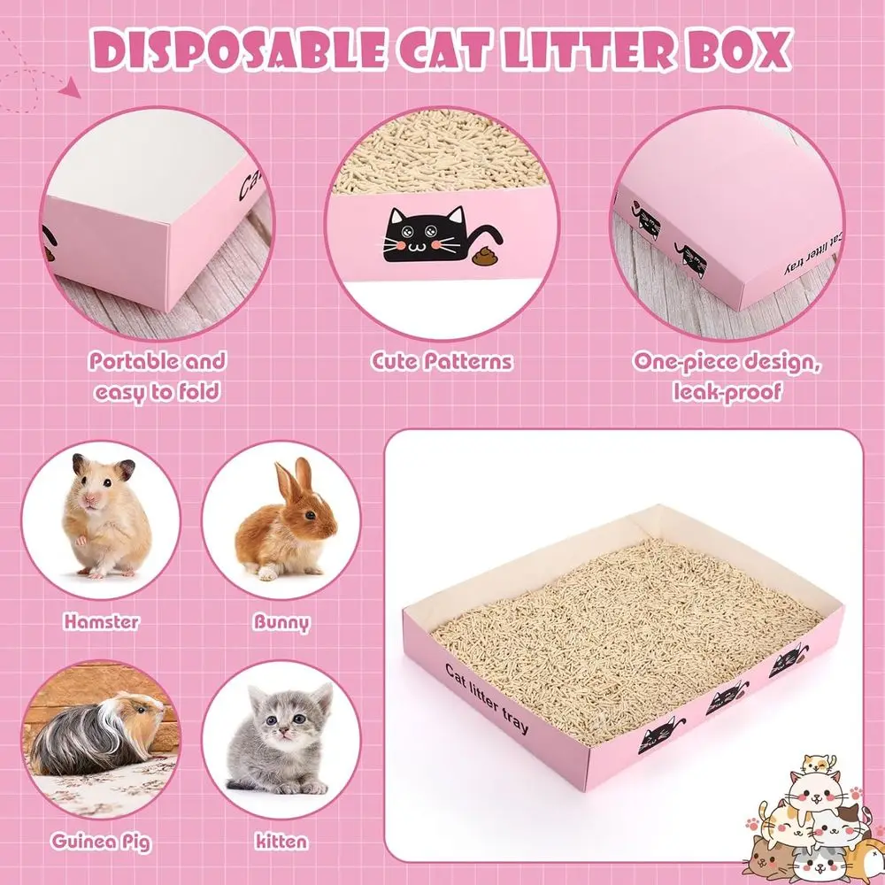 60 Pack Disposable Litter Boxes, 30 Foldable Travel Boxes & 30 Scoops, Portable Waterproof Cardboard Trays for Small Pets, 13.8