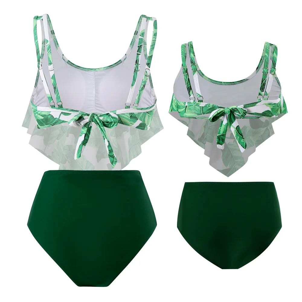2025 Family Set Mother Daughter Matching Swimsuits Ruffled Leaf Mommy and Me Swimwear Fashion Women Girls Bikini Dresses Clothes 6