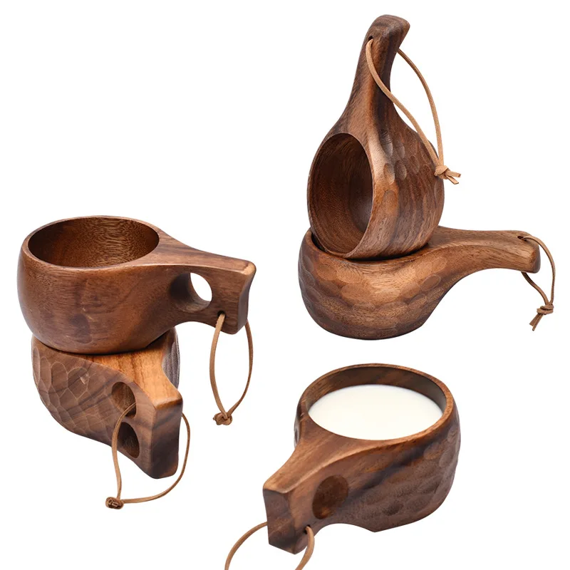 Handmade Wooden Milk Cup Acacia Wood Coffee Mugs Tasse With Carrying Rope Handle Camping