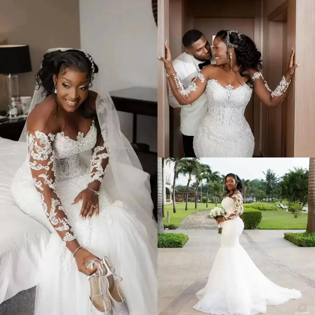 

Mermaid Dress Plus Size Lace Appliqued Wedding Gowns Beaded Custom Made Vestido De Noiva