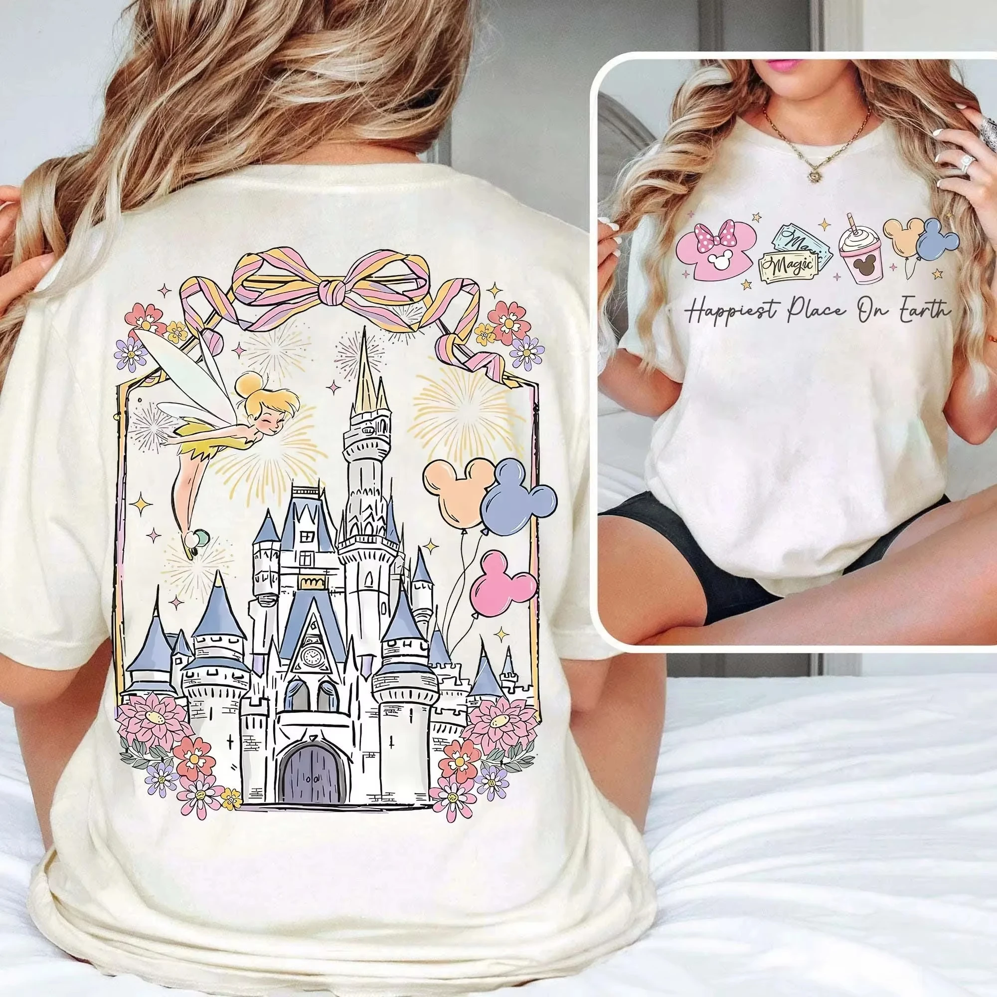Family Matching T-shirt Castle Fairy Print Cotton Crew Neck Short Sleeve Casual Tees for Mom Dad and Kids Summer Travel Outfits - 5