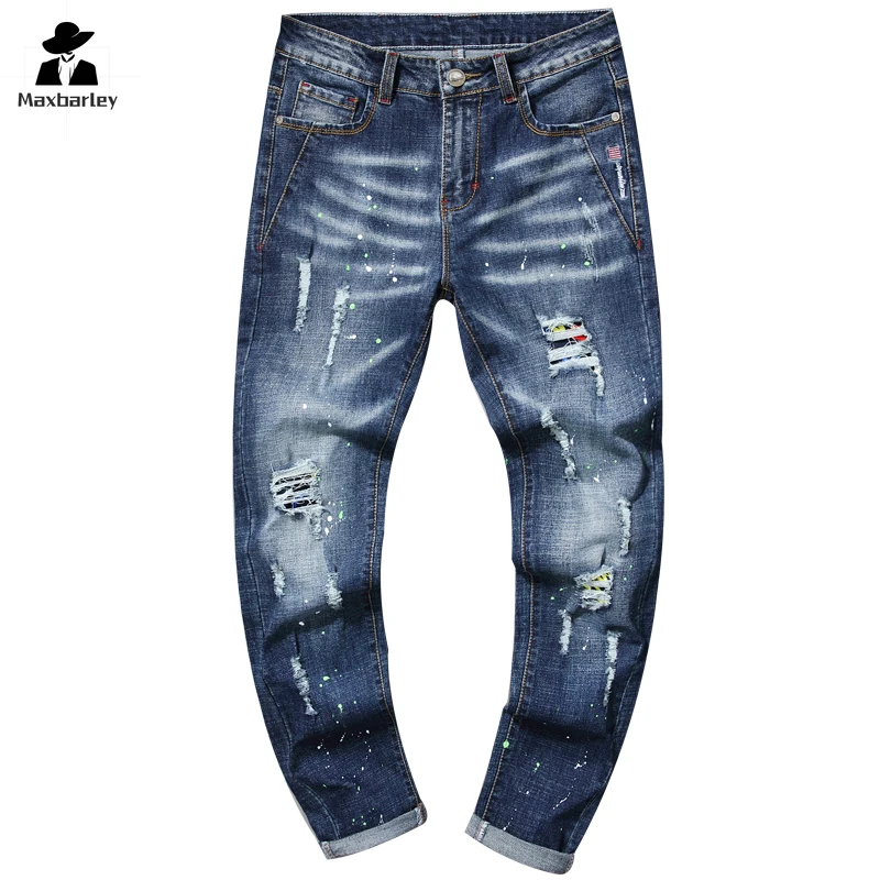 2024 Spring New Arrival Men's Jeans Fashion Retro Blue Hole Harem Pants Casual All-Match Stretch Slim-Fit Pants Brand Clothing