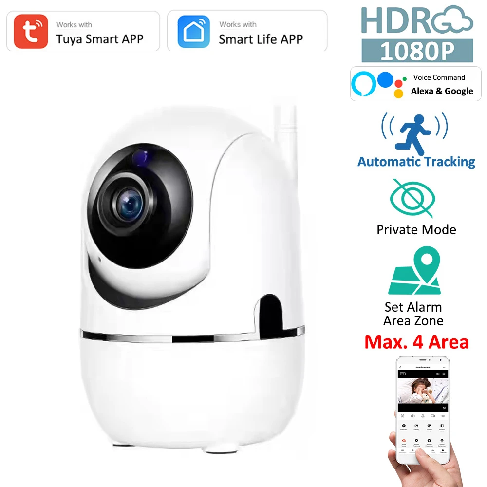 1080P Tuya FHD Alexa Google WiFi CCTV Protection Camera Private Mode Customize Alarm Area Auto Tracking Event Continuous Record wifi cctv camera